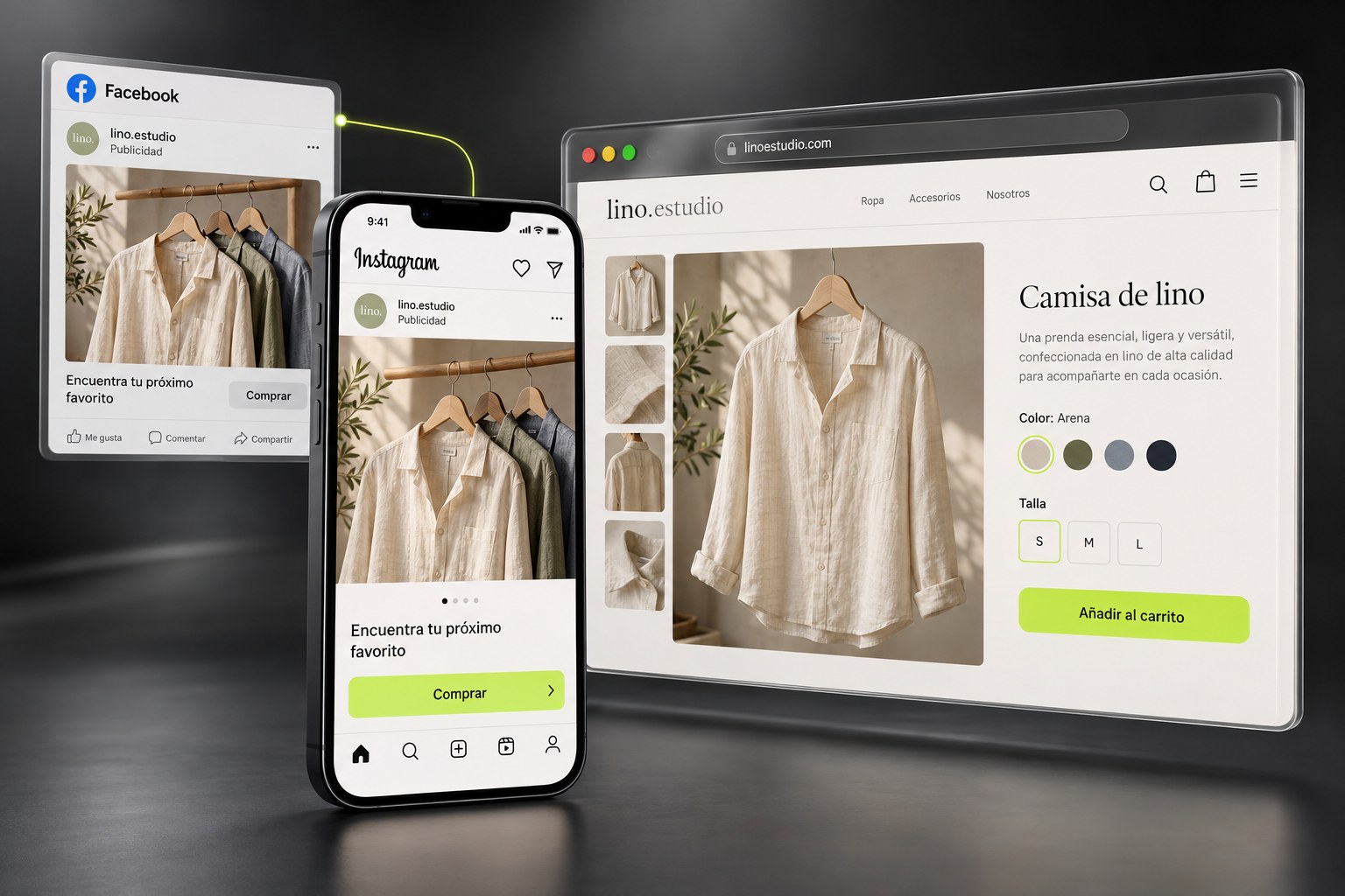 Ejemplo ilustrativo: anuncios de una tienda de ropa en Instagram y Facebook conectados con un producto