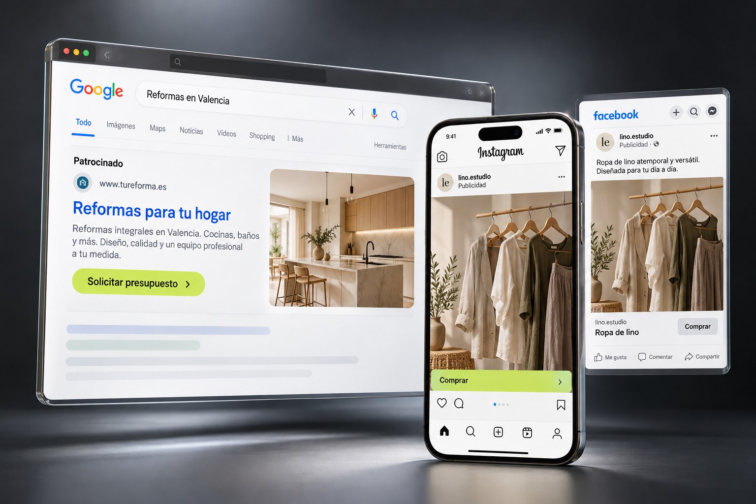 Concepto de publicidad en Google, Instagram y Facebook para servicios y tiendas online