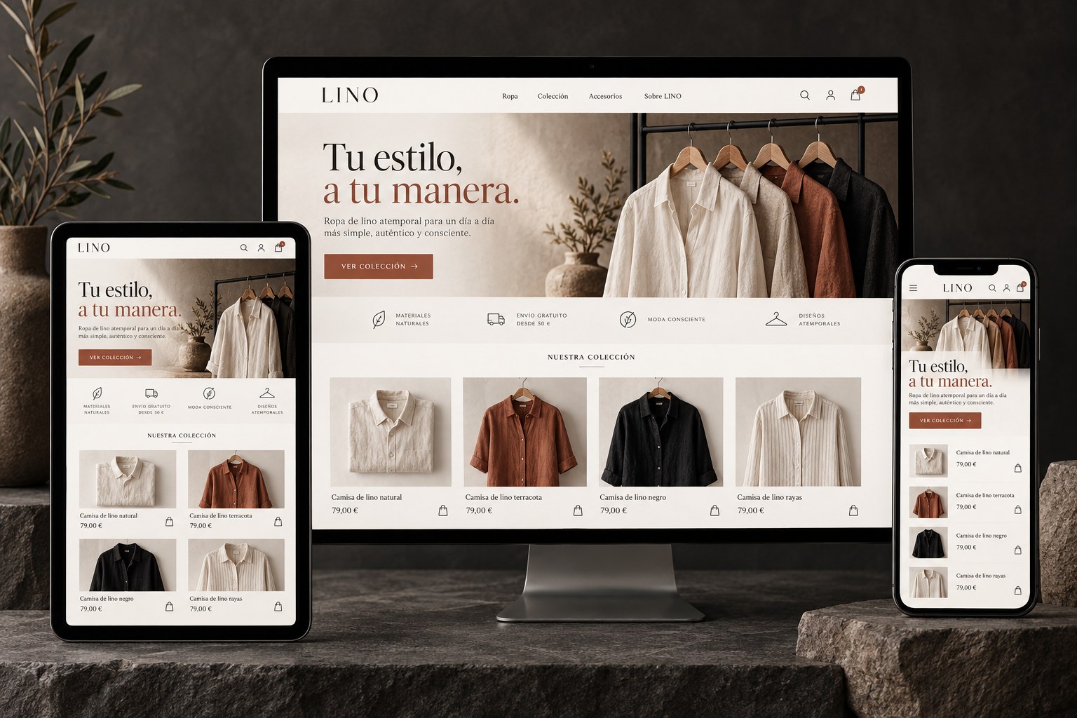 Ejemplo de tienda online de ropa en ordenador, tablet y móvil