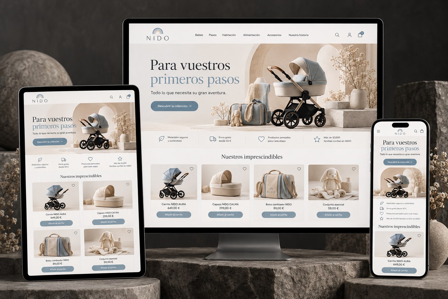 Ejemplo ilustrativo de tienda de puericultura en tres dispositivos